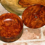 Amboyna Burl lidded box, 8 inch diameter