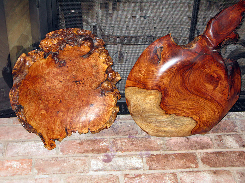Comparing grains of maple burl,(left) and Indian Rosewood undersurface, (right)